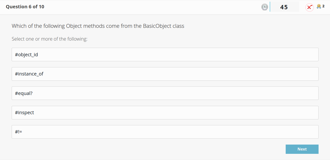 Screenshot of Qu 6 from Ruby Object Model quiz: Which of the following Object methods come from the BasicObject class: #object_id, #instance_of, #equal?, #inspect, #!=